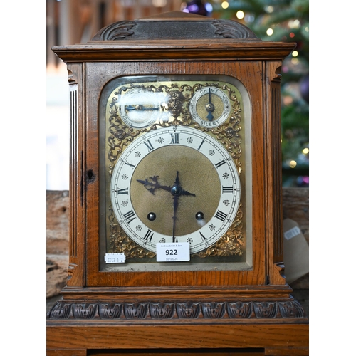 922 - An Edwardian oak bracket clock and bracket, the 8-day two train W & H Son movement striking the ... 