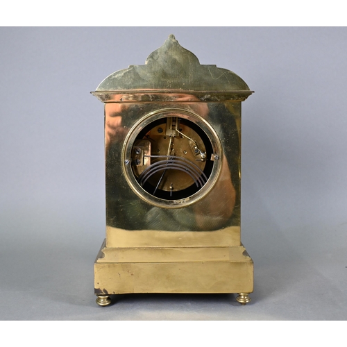 926 - An architectural form brass cased mantel clock, the white enamelled dial decorated with floral garla... 