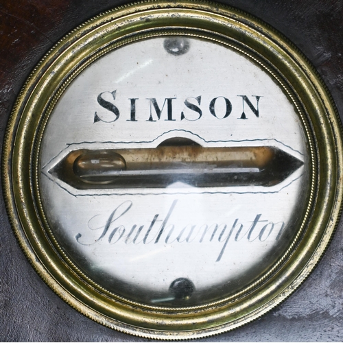 927 - Simpson, Southampton, a Victorian mahogany wheel barometer, with engraved silvered dial, thermometer... 