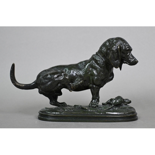 991 - A brown patinated bronze after Delabrierre, Dachshund with dead rat, signed E Delabrierre, 14 x 21 c... 