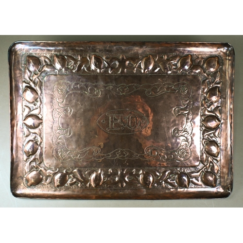 997 - A Newlyn Industrial Class copper tray with chased initials 'FD' in central elliptical medallion, wit... 