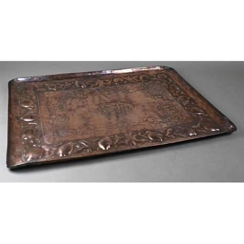 997 - A Newlyn Industrial Class copper tray with chased initials 'FD' in central elliptical medallion, wit... 