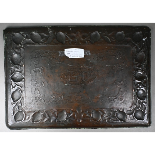 997 - A Newlyn Industrial Class copper tray with chased initials 'FD' in central elliptical medallion, wit... 