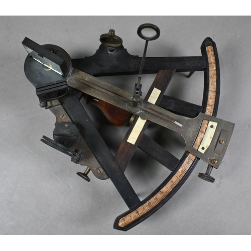 1115 - A 19th century French rosewood sextant with brass mounts, hand-written paper scale and ivory insets,... 