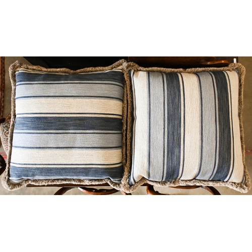 119 - A pair of feather-filled blue and cream striped cushions, 55 x 50 cm