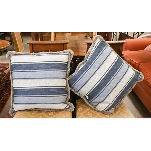 119 - A pair of feather-filled blue and cream striped cushions, 55 x 50 cm