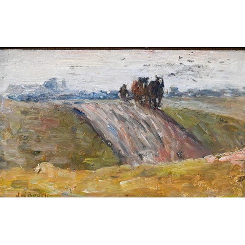 310 - J W Booth (1867-1953) - Landscape, ploughing field, oil on board, signed lower left, 13.5 x 22 cm