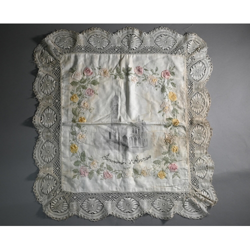 290 - A World War I North France souvenir silk shawl, with crochet edging and applied roses and featuring ... 