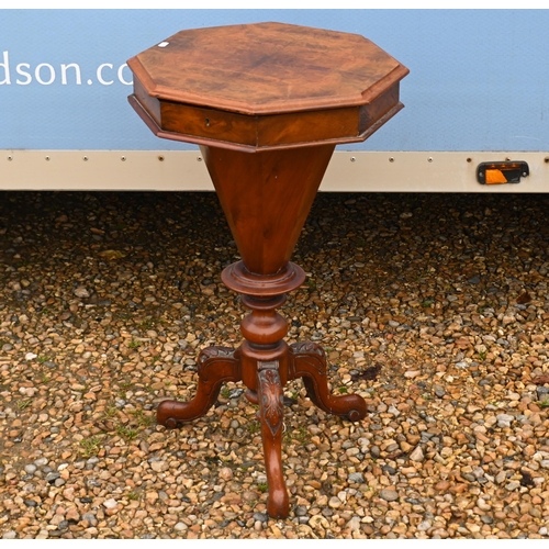 58 - A Victorian walnut octagonal sewing table, raise on a tripod base, 44 cm diameter x 75 cm h