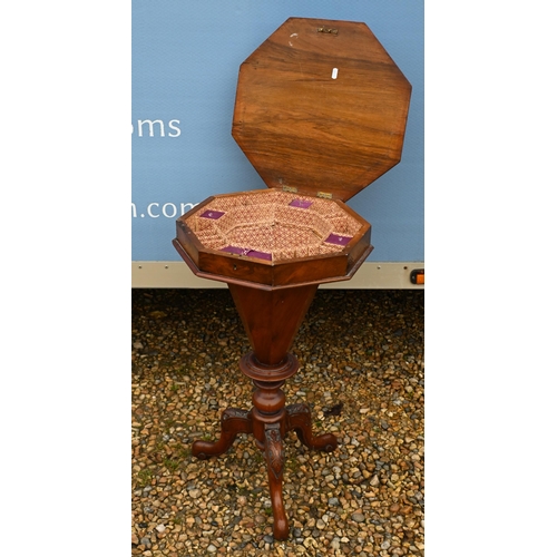 58 - A Victorian walnut octagonal sewing table, raise on a tripod base, 44 cm diameter x 75 cm h