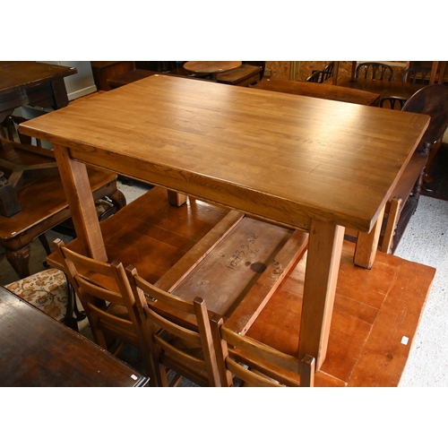 224 - Fired earth, an oak block top kitchen table, 148 cm x 90 cm x 78 cm h to/w a conforming set of eight... 