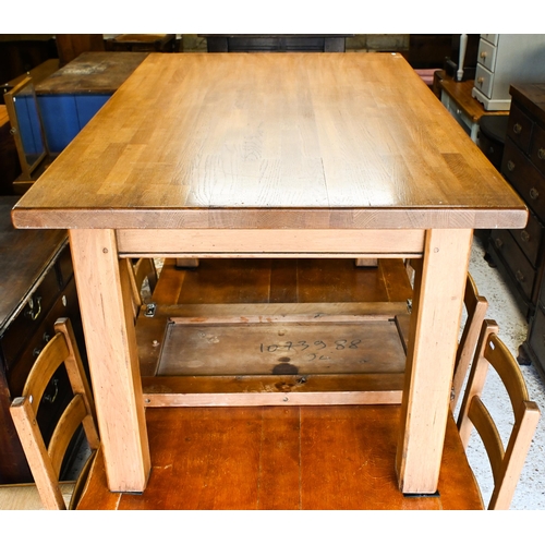 224 - Fired earth, an oak block top kitchen table, 148 cm x 90 cm x 78 cm h to/w a conforming set of eight... 