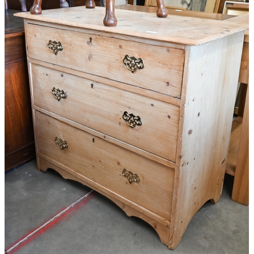 107 - An antique pine chest of three long drawers, 90 cm x 45 cm x 80 cm h