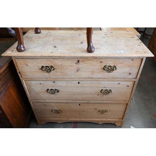 107 - An antique pine chest of three long drawers, 90 cm x 45 cm x 80 cm h