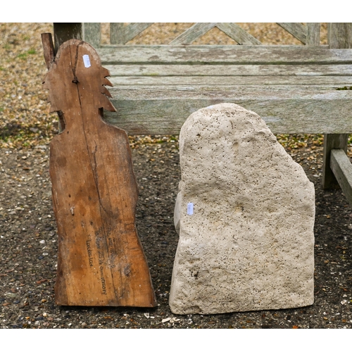 11 - # A cast stone garden statue of a mother and child to/with a carved wooden figural plaque (2)