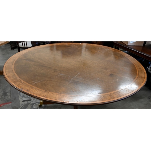 144 - A circular tilt-top mahogany crossbanded dining table on turned column and splayed legs with brass c... 