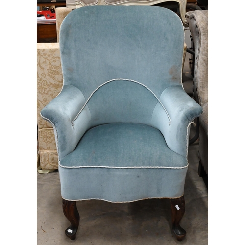 145 - # Antique spoon back armchair, blue dralon fabric on carved front legs (evidence of old worm to back... 