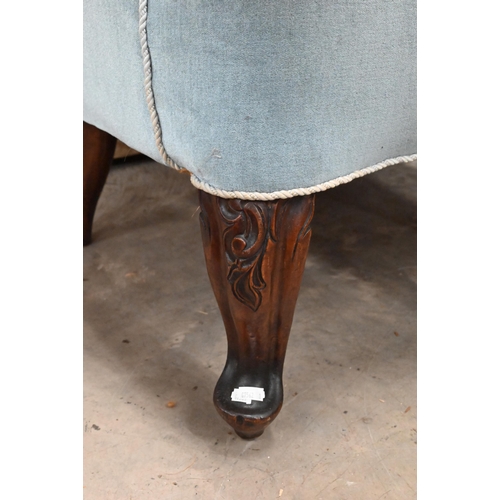 145 - # Antique spoon back armchair, blue dralon fabric on carved front legs (evidence of old worm to back... 