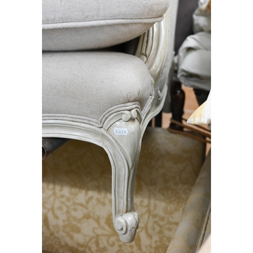 149 - A French two seater sofa with cream painted frame and stone linen upholstery