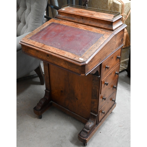 153 - Victorian walnut inlaid Davenport with hinged top inset with tooled leather, four side drawers and o... 