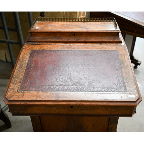 153 - Victorian walnut inlaid Davenport with hinged top inset with tooled leather, four side drawers and o... 