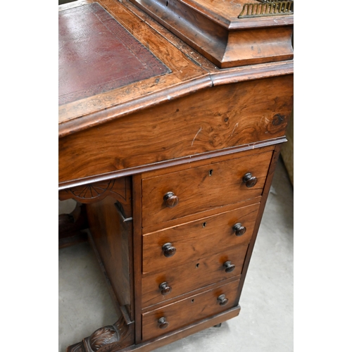 153 - Victorian walnut inlaid Davenport with hinged top inset with tooled leather, four side drawers and o... 