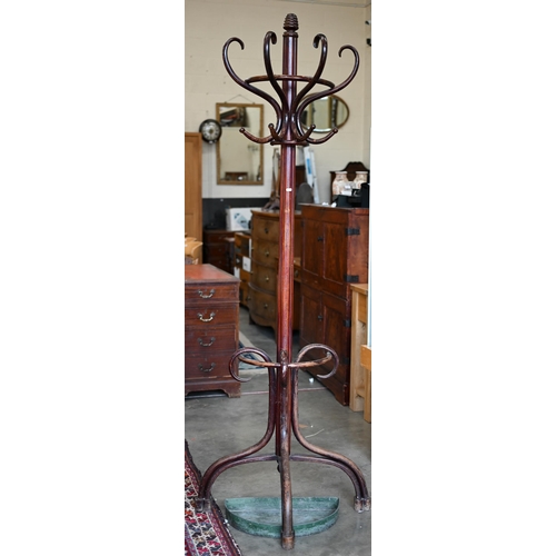 161 - A Thonet-style bentwood hall stand with hat and coat hooks, stick stand and loose metal drip tray, 2... 