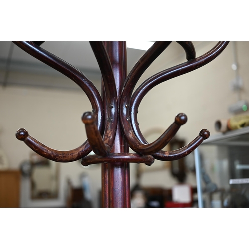 161 - A Thonet-style bentwood hall stand with hat and coat hooks, stick stand and loose metal drip tray, 2... 