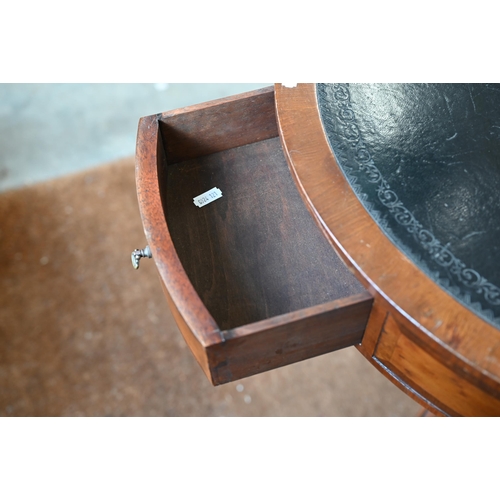 163 - A reproduction mahogany drum table with tooled leather top and tripod base, 58 cm diam x 72 cm high