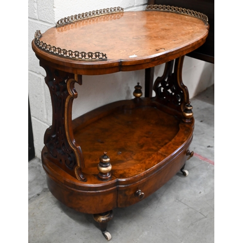 170 - A Victorian burr walnut and marquetry Canterbury (rack removed) with brass galleried top and fret cu... 