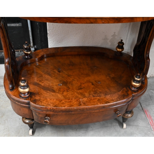 170 - A Victorian burr walnut and marquetry Canterbury (rack removed) with brass galleried top and fret cu... 