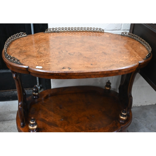 170 - A Victorian burr walnut and marquetry Canterbury (rack removed) with brass galleried top and fret cu... 