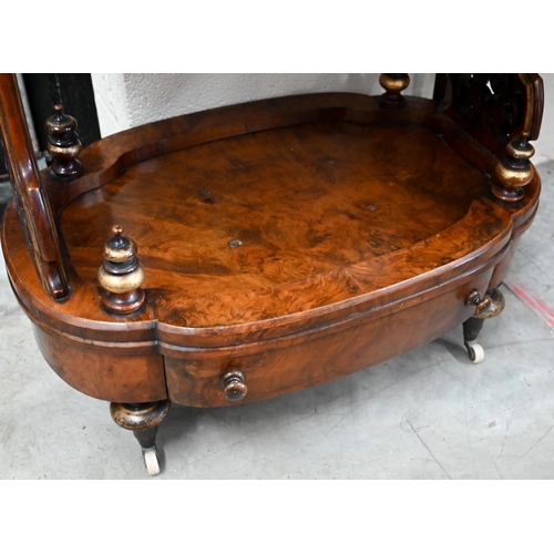 170 - A Victorian burr walnut and marquetry Canterbury (rack removed) with brass galleried top and fret cu... 