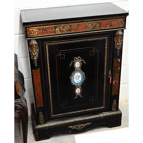 173 - A 19th century French ebonised pier cabinet with inlaid boulle work friezes, decorative ormolu mount... 