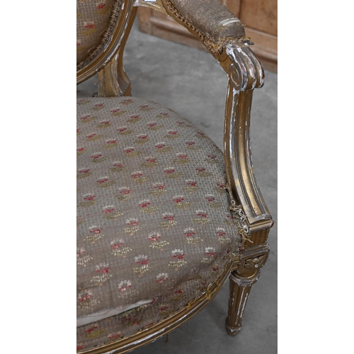 188 - An antique French gilt framed fauteuil open armchair a/f