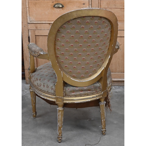 188 - An antique French gilt framed fauteuil open armchair a/f