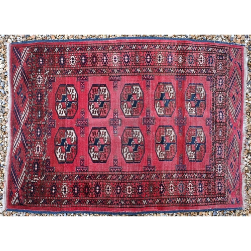 189 - A small Persian Turkman rug, with repeating gul design on red ground with multi-borders, 126 x 92 cm