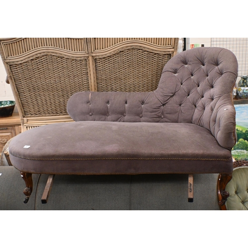 190 - A Victorian walnut framed chair back chaise, with mocha dralon upholstery, 160 cm wide