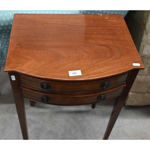 192 - A mahogany two drawer bedside table on square tapering supports, 45 x 34 x 66 cm high