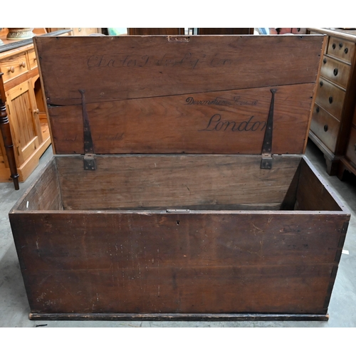 195 - An antique hardwood trunk, carved inscription to underside of hinged top 'Charles Forbes esq, Devons... 