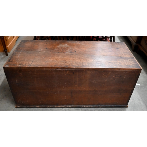 195 - An antique hardwood trunk, carved inscription to underside of hinged top 'Charles Forbes esq, Devons... 