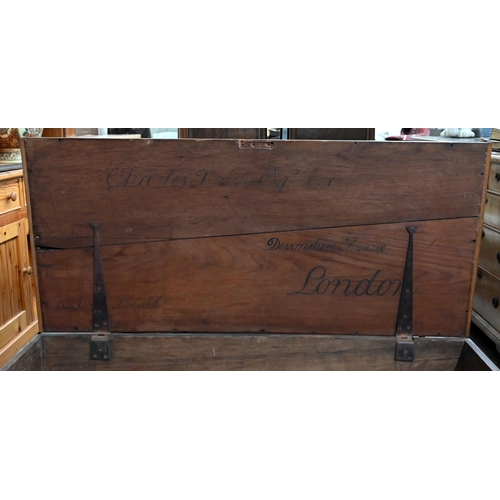 195 - An antique hardwood trunk, carved inscription to underside of hinged top 'Charles Forbes esq, Devons... 