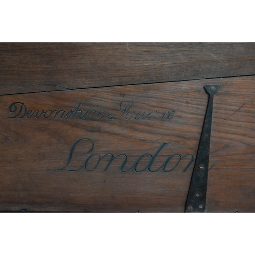 195 - An antique hardwood trunk, carved inscription to underside of hinged top 'Charles Forbes esq, Devons... 