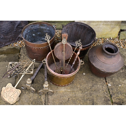 20 - An antique copper bound and iron mounted coopered oak bucket to/with two riveted brass and copper bu... 