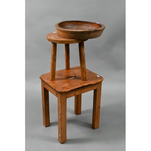 205 - A circular elm milking stool, pine stool and turned wooden bowl (3)