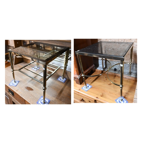 215 - A pair of brass and smoked glass square side tables (some chips to glass), 46 x 46 x 41 cm high