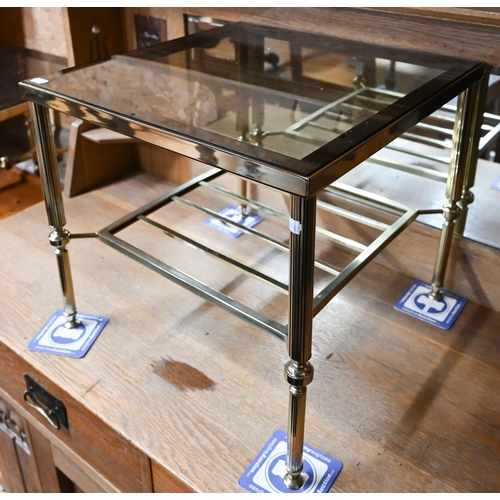 215 - A pair of brass and smoked glass square side tables (some chips to glass), 46 x 46 x 41 cm high