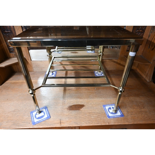 215 - A pair of brass and smoked glass square side tables (some chips to glass), 46 x 46 x 41 cm high