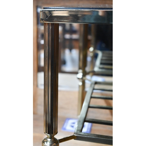 215 - A pair of brass and smoked glass square side tables (some chips to glass), 46 x 46 x 41 cm high