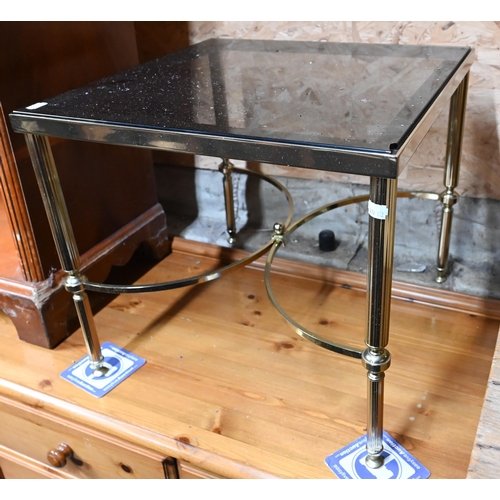 215 - A pair of brass and smoked glass square side tables (some chips to glass), 46 x 46 x 41 cm high